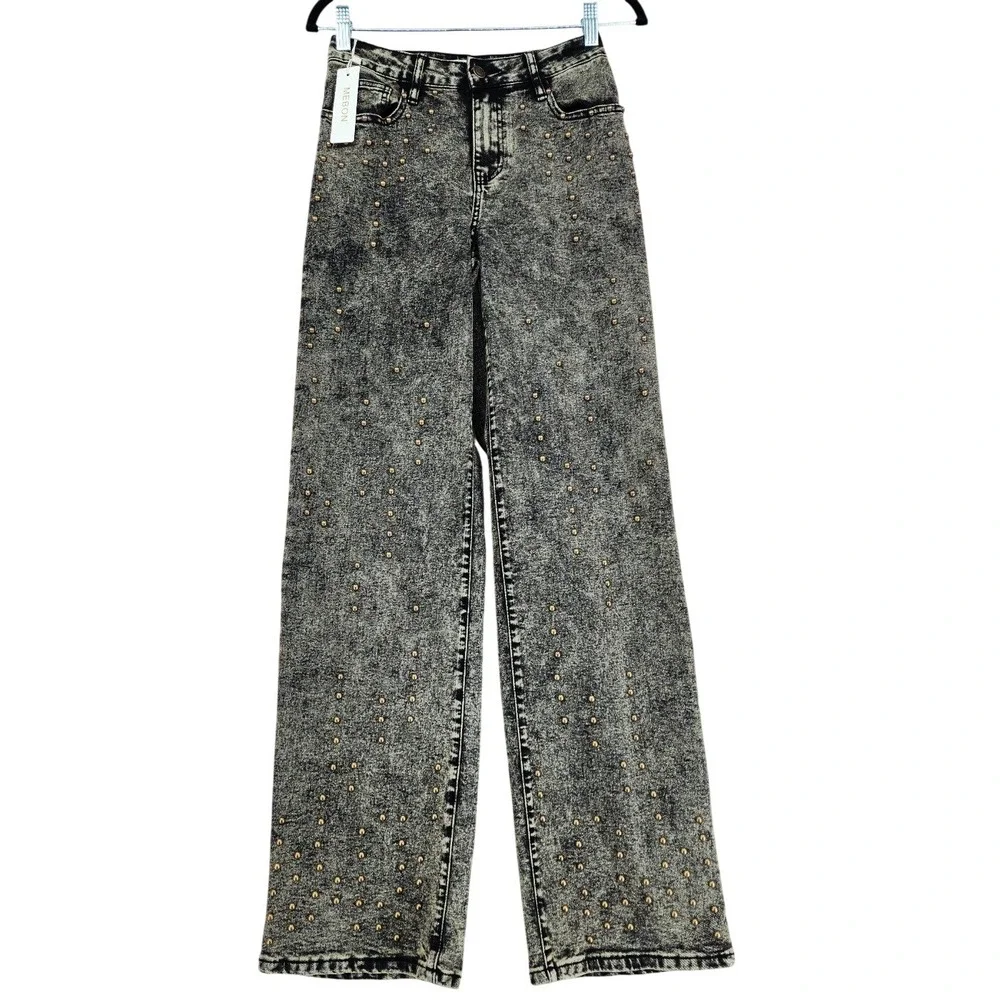 Mebon by Machine Studded Jeans 3 Jr Women Black Acid Wash Wide Leg High Rise NEW